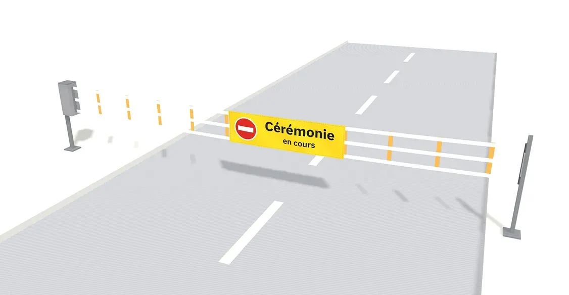 Aperçu 3D du configurateur : barrière textile fermant une rue, bannière « Cérémonie en cours » centrée sur la chaussée