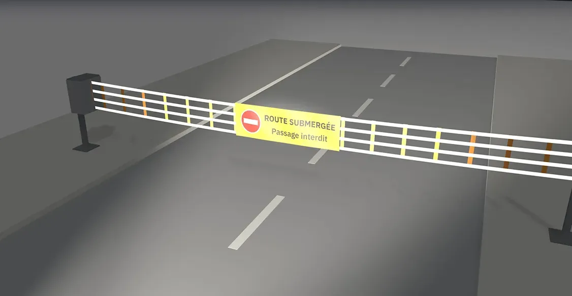 Aperçu 3D du configurateur, de nuit : barrière manuelle ROUTE SUBMERGÉE, bannière rétro-réfléchissante dans les phares