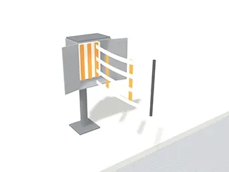 Boîte de barrière manuelle ouverte, portes rabattues, sangles pliées prêtes à être saisies — rendu 3D